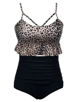 Hot Retro Stage Black 1970s Tummy Control Leopard Ruffled Tankini Set