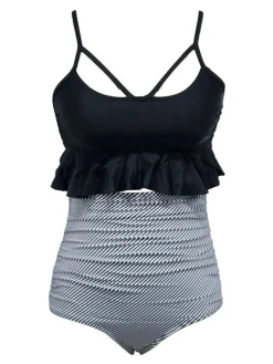 Fashion Retro Stage Black 1970s Tummy Control Striped Ruffled Tankini Set