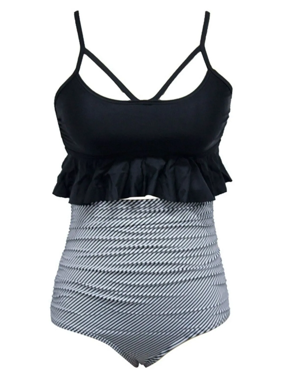 Fashion Retro Stage Black 1970s Tummy Control Striped Ruffled Tankini Set