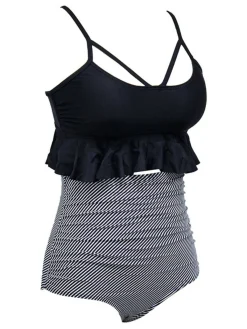 Fashion Retro Stage Black 1970s Tummy Control Striped Ruffled Tankini Set