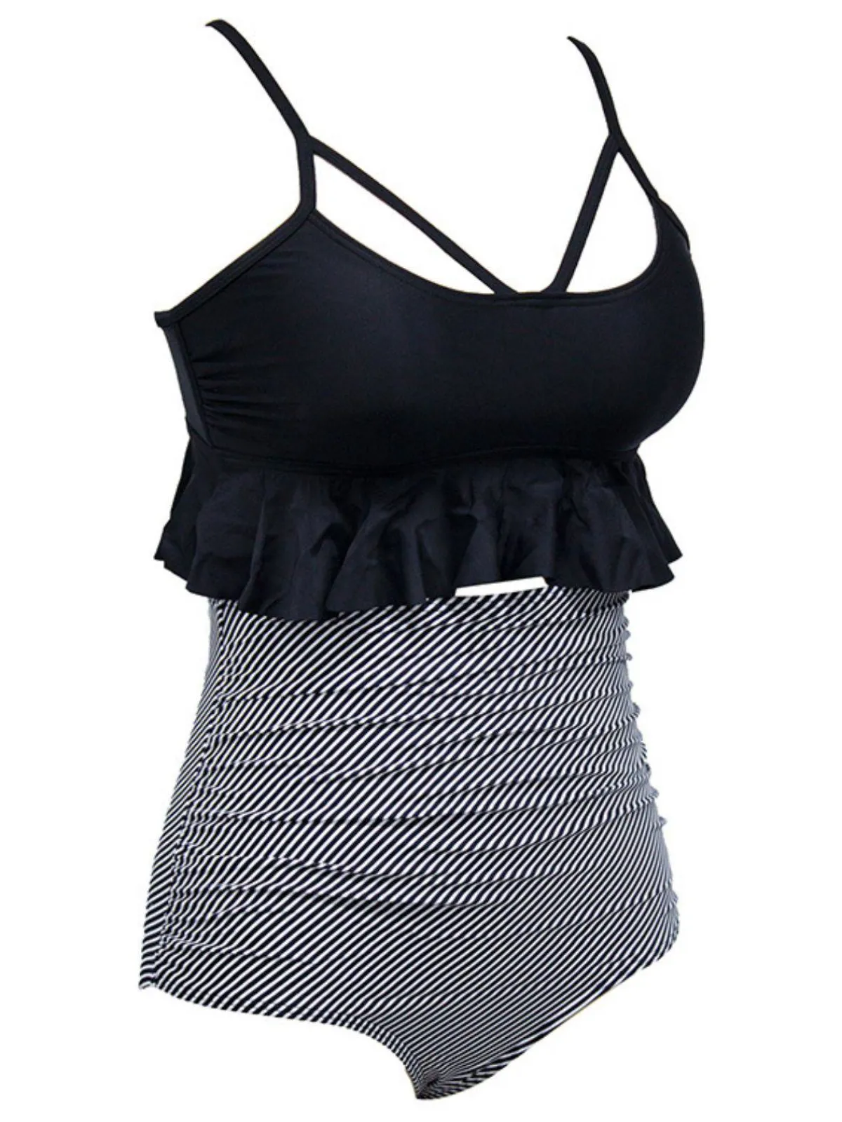 Fashion Retro Stage Black 1970s Tummy Control Striped Ruffled Tankini Set