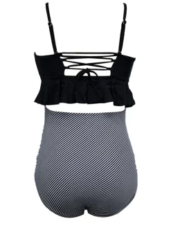 Fashion Retro Stage Black 1970s Tummy Control Striped Ruffled Tankini Set