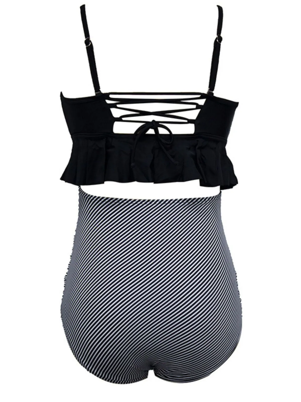 Fashion Retro Stage Black 1970s Tummy Control Striped Ruffled Tankini Set