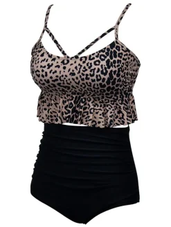 Fashion Retro Stage Black 1970s Tummy Control Striped Ruffled Tankini Set