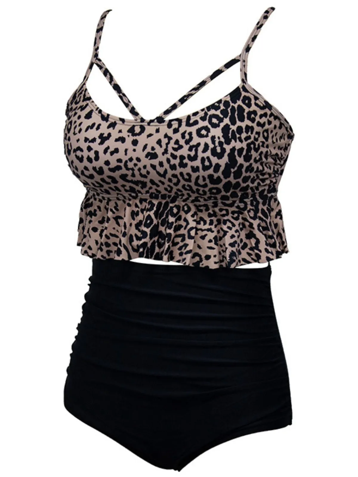 Fashion Retro Stage Black 1970s Tummy Control Striped Ruffled Tankini Set