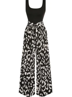 Best Retro Stage 1930s U-Neck Graphic Print Belted Jumpsuit Black