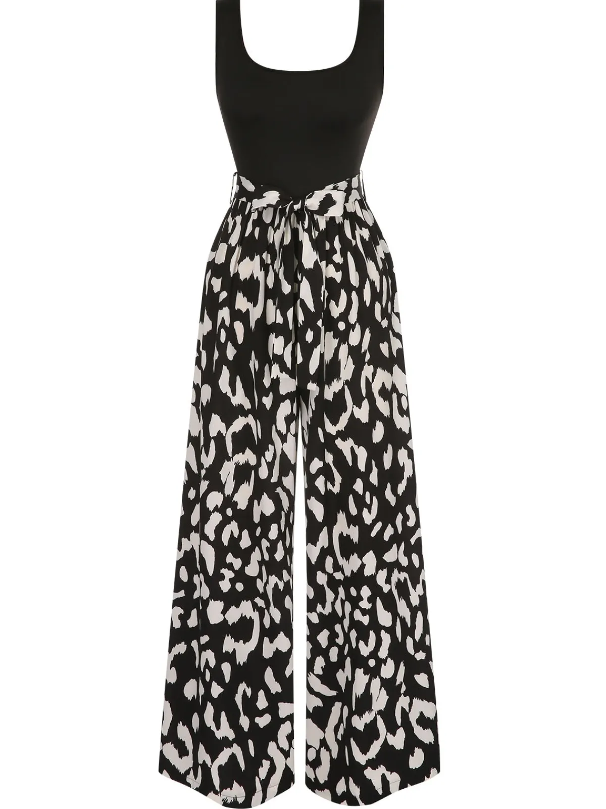 Best Retro Stage 1930s U-Neck Graphic Print Belted Jumpsuit Black