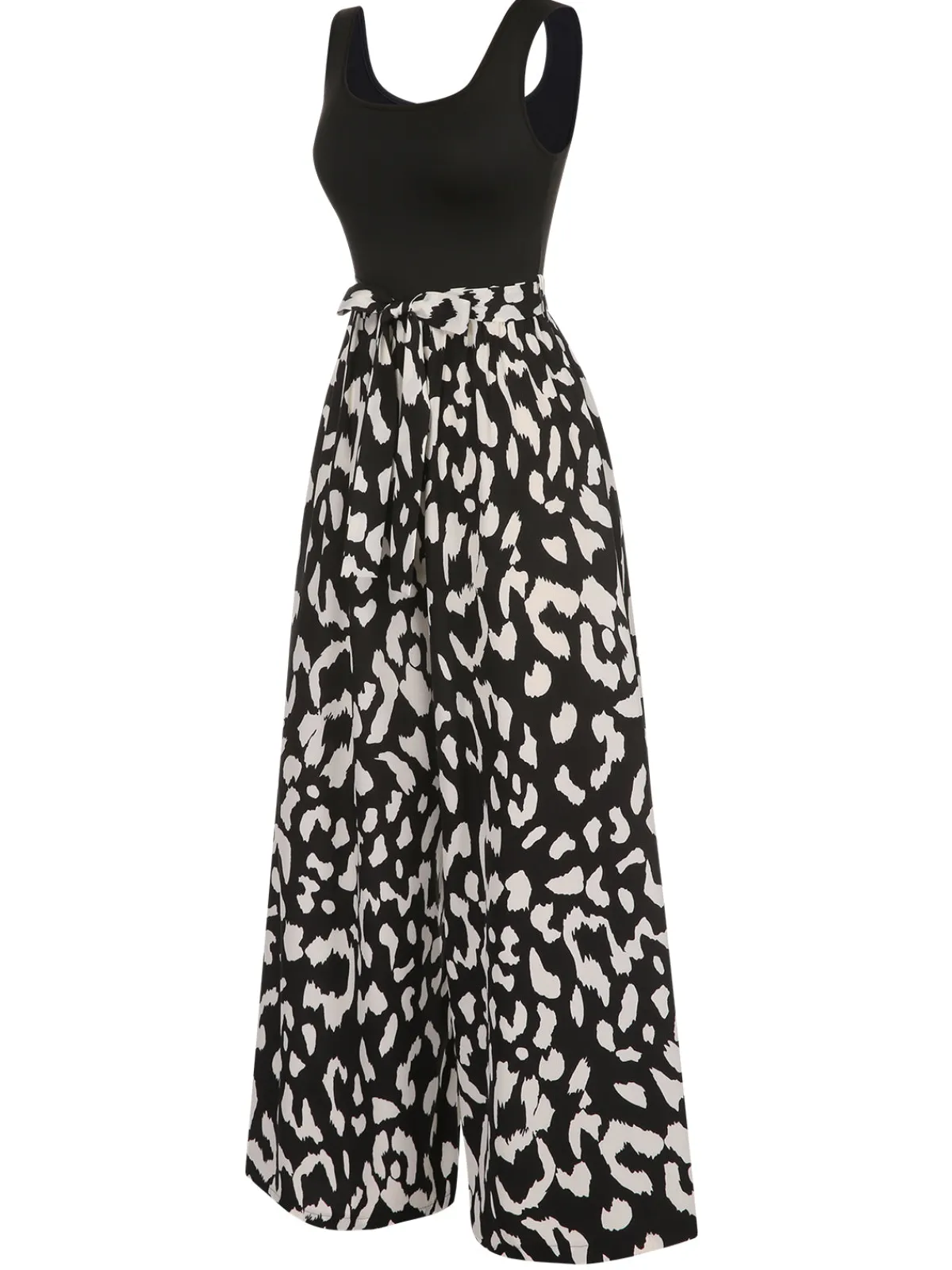 Best Retro Stage 1930s U-Neck Graphic Print Belted Jumpsuit Black