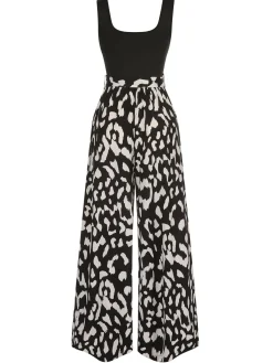 Best Retro Stage 1930s U-Neck Graphic Print Belted Jumpsuit Black