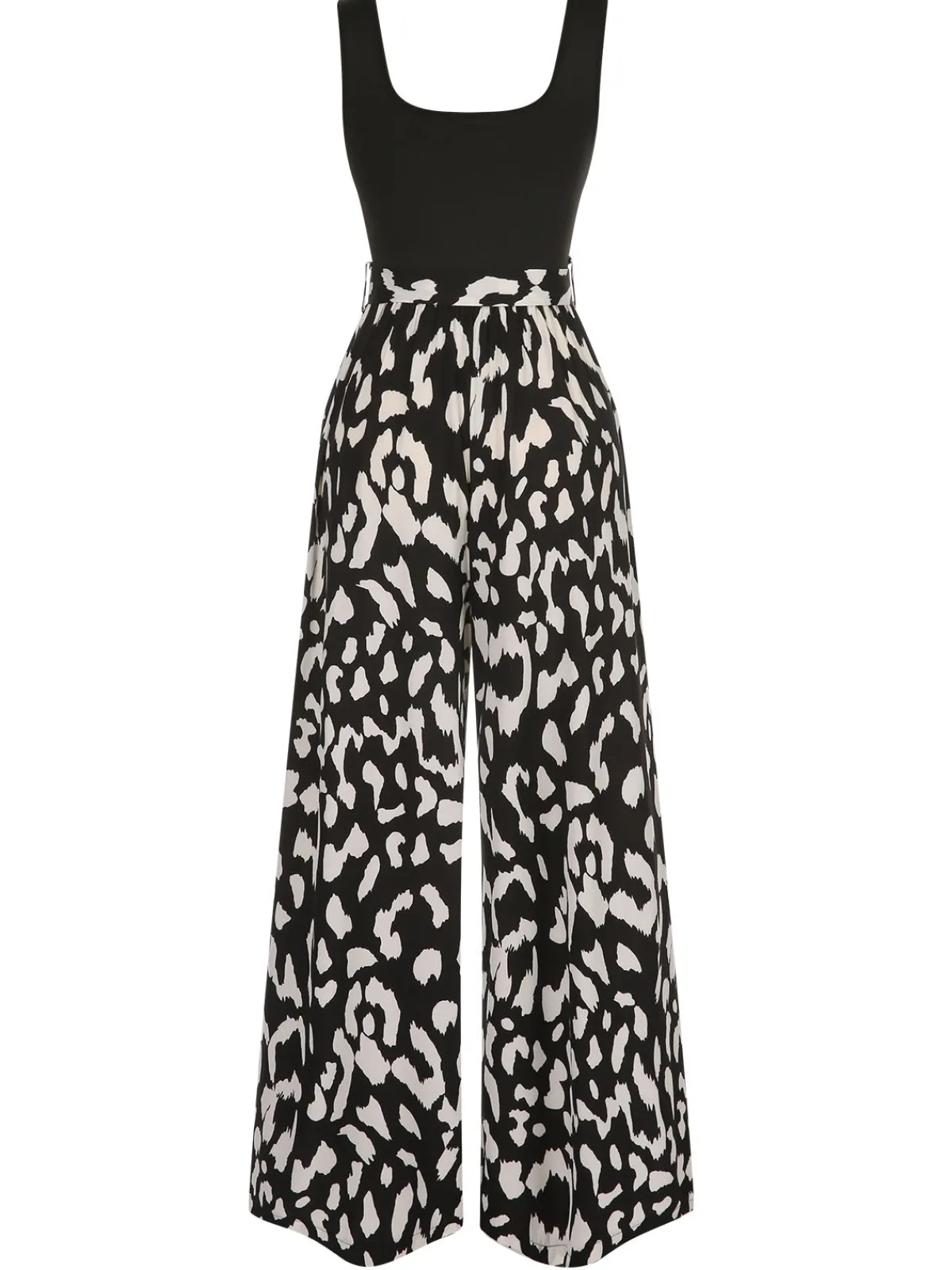 Best Retro Stage 1930s U-Neck Graphic Print Belted Jumpsuit Black