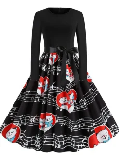 Discount Retro Stage 1950s Valentine Cats & Music Note Patchwork Dress Black