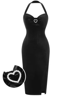 New Retro Stage 1960s Velvet Dress With Heart Rhinestone Brooch Black
