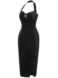 New Retro Stage 1960s Velvet Dress With Heart Rhinestone Brooch Black