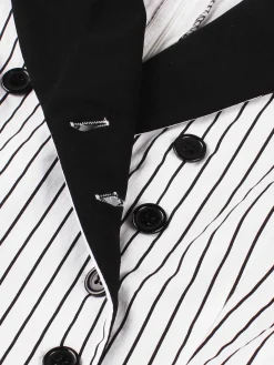 Outlet Retro Stage 1950s Vertical Stripe Patchwork Lapel Dress Black