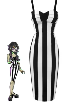New Retro Stage Black 1960s Vertical Stripe Straps Pencil Dress