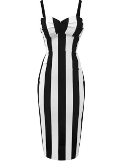 New Retro Stage Black 1960s Vertical Stripe Straps Pencil Dress