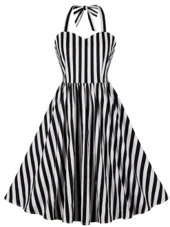 Hot Retro Stage 1950s Vertical Stripes Halter Dress Black