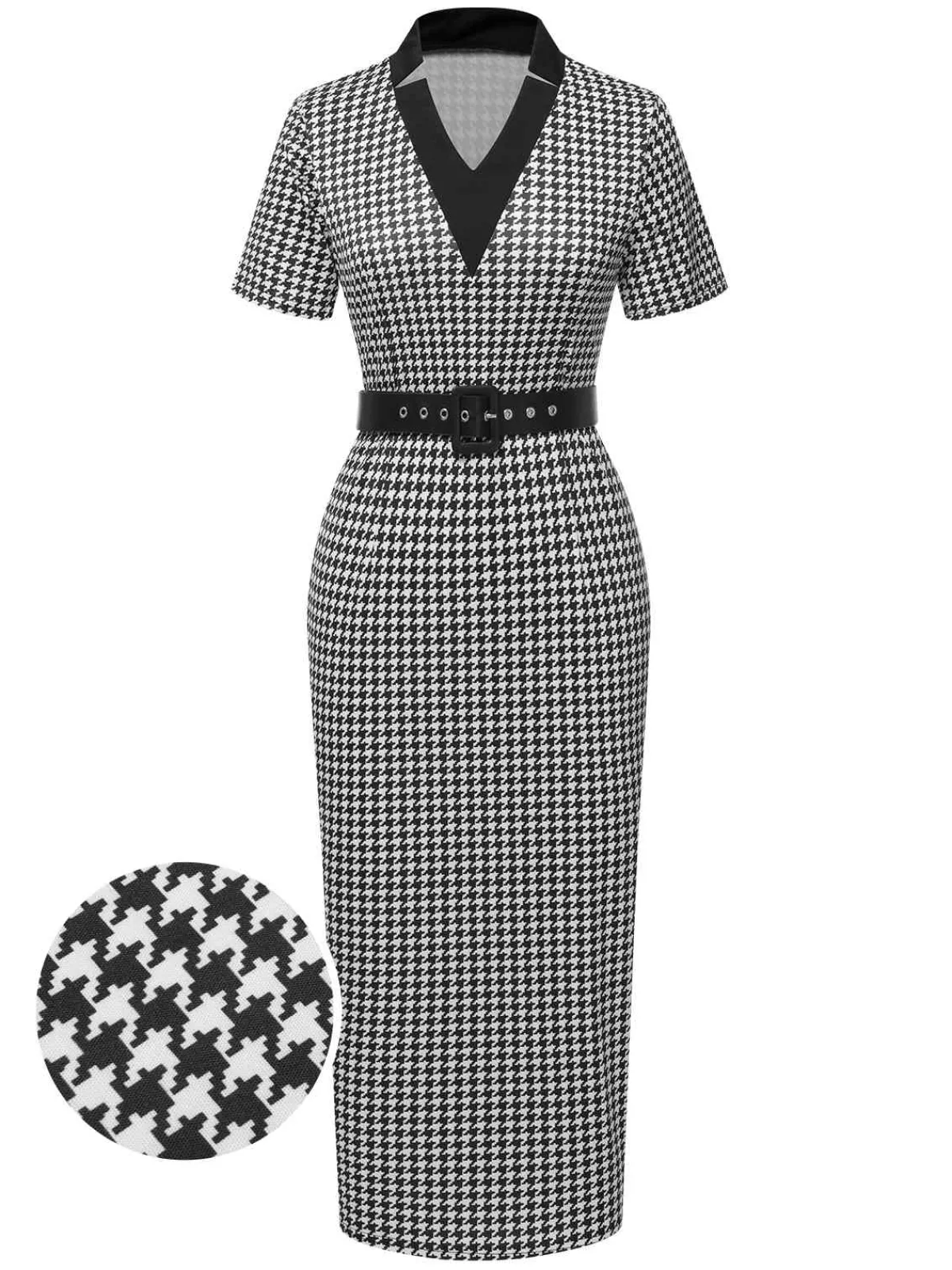Best Retro Stage Black 1960s V-Neck Belted Pencil Dress