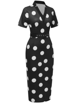 Best Retro Stage Black 1960s V-Neck Belted Pencil Dress
