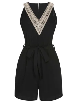 New Retro Stage 1960s V-Neck Belted Romper Black