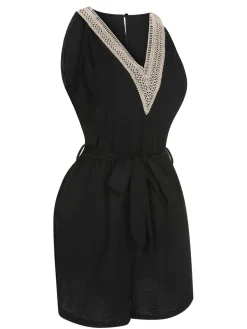New Retro Stage 1960s V-Neck Belted Romper Black
