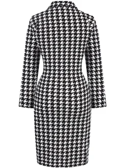 Outlet Retro Stage 1980s V-Neck Bow Houndstooth Dress Black