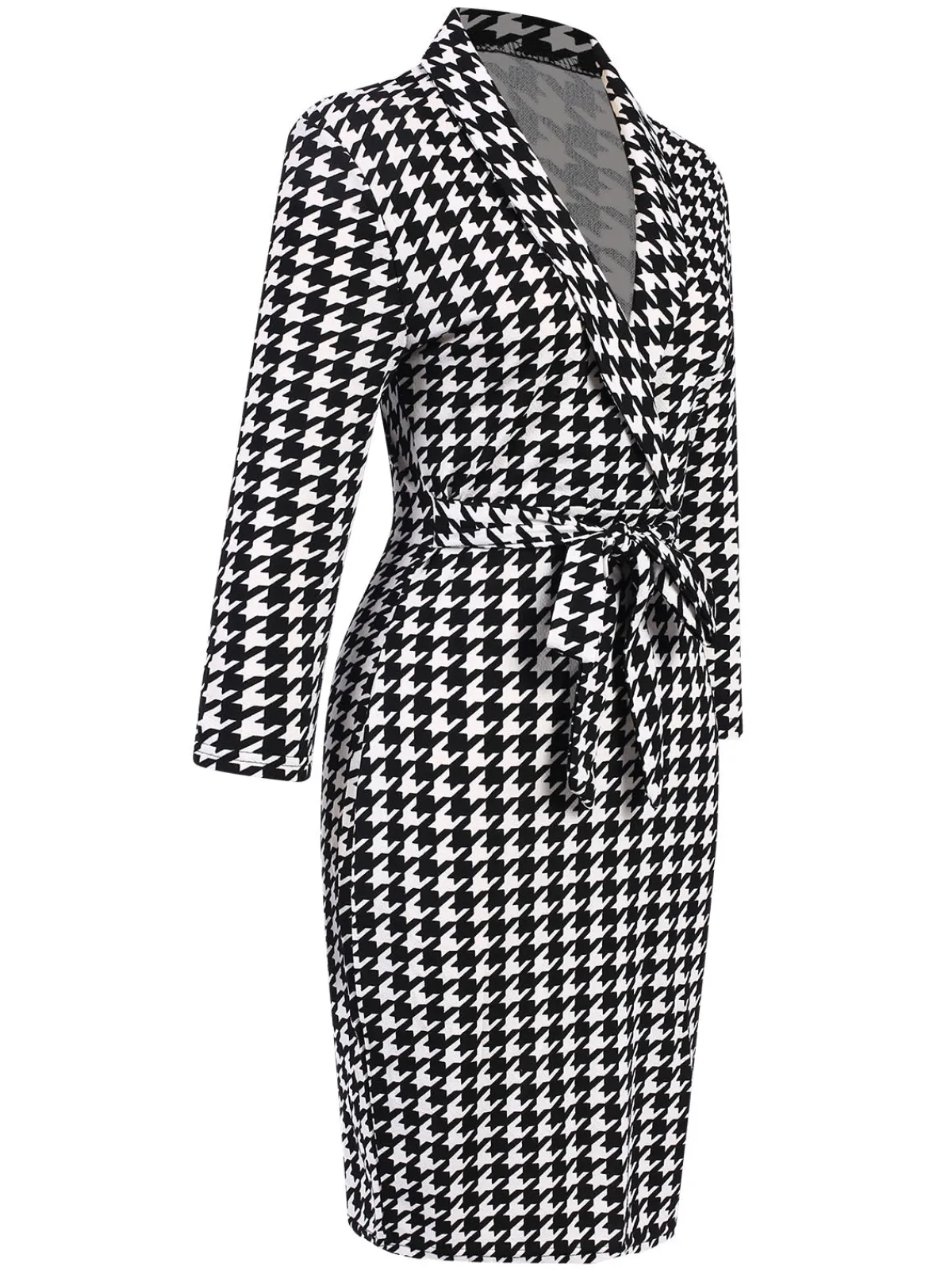 Outlet Retro Stage 1980s V-Neck Bow Houndstooth Dress Black