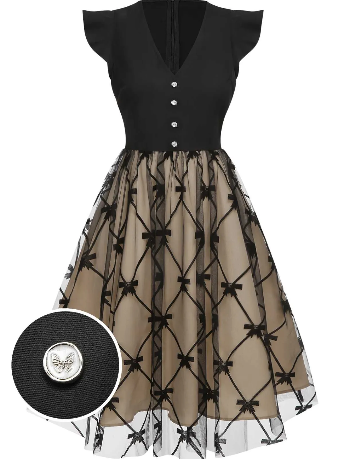 Outlet Retro Stage 1950s V-Neck Bow Mesh Dress Black