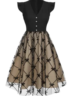 Outlet Retro Stage 1950s V-Neck Bow Mesh Dress Black