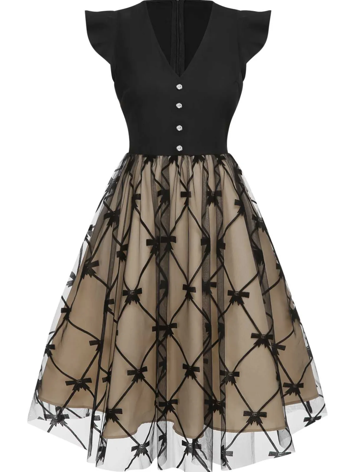 Outlet Retro Stage 1950s V-Neck Bow Mesh Dress Black