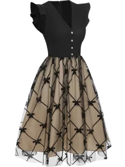 Outlet Retro Stage 1950s V-Neck Bow Mesh Dress Black