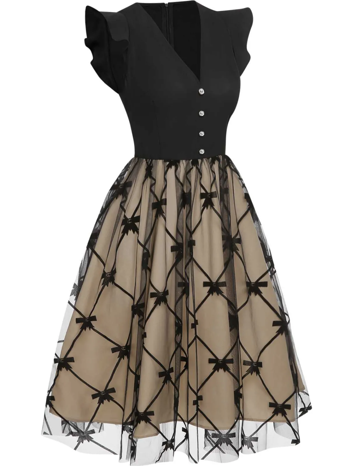 Outlet Retro Stage 1950s V-Neck Bow Mesh Dress Black