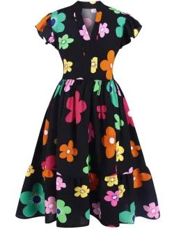 Hot Retro Stage 1940s V-Neck Colorful Floral Dress Black