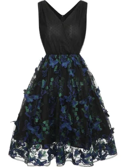 Sale Retro Stage 1950s V-Neck 3D Butterfly Mesh Dress Black