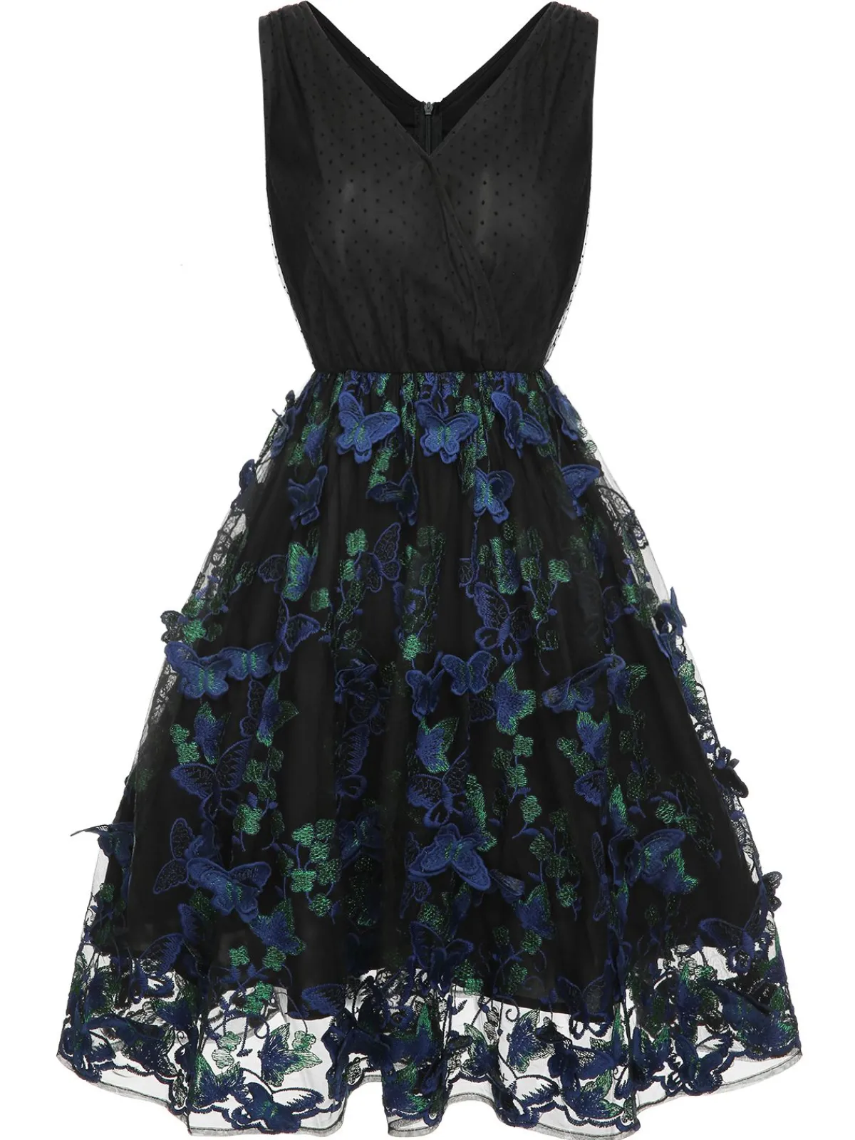 Sale Retro Stage 1950s V-Neck 3D Butterfly Mesh Dress Black