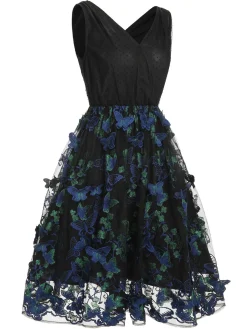 Sale Retro Stage 1950s V-Neck 3D Butterfly Mesh Dress Black