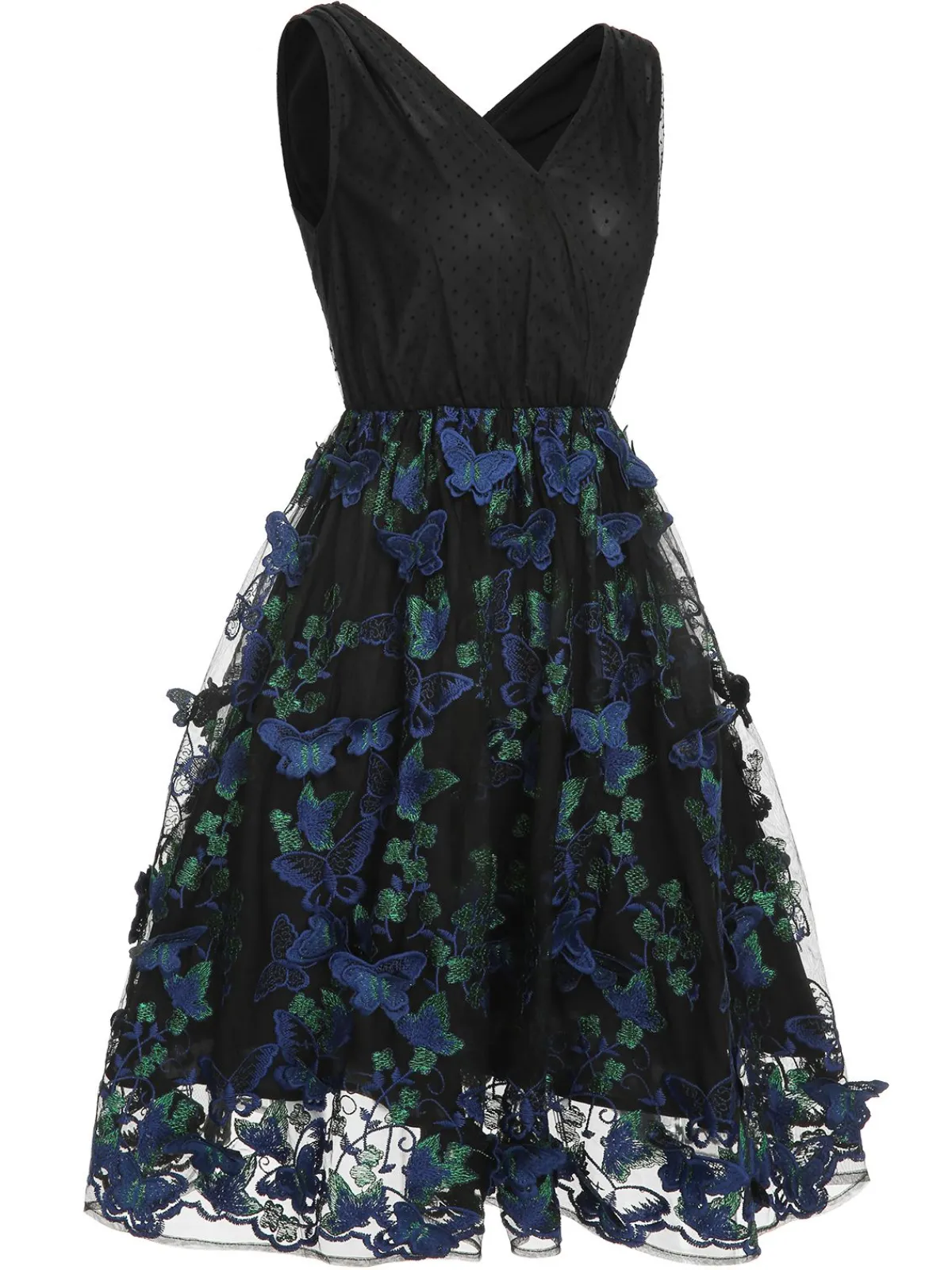 Sale Retro Stage 1950s V-Neck 3D Butterfly Mesh Dress Black