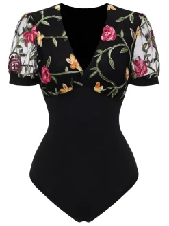 Clearance Retro Stage 1970s V-Neck Embroidered Floral Bodysuit Black