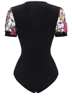 Clearance Retro Stage 1970s V-Neck Embroidered Floral Bodysuit Black