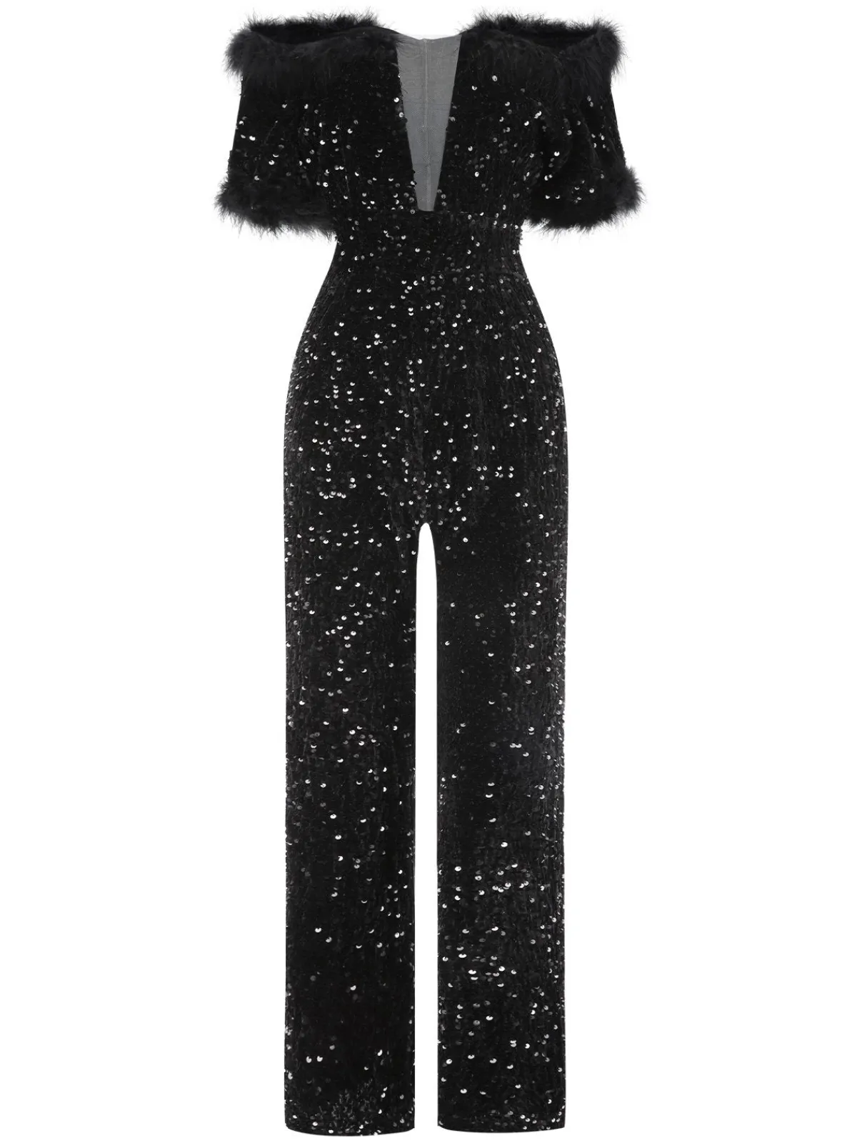 Online Retro Stage 1980s V-Neck Feather Sequined Jumpsuit Black
