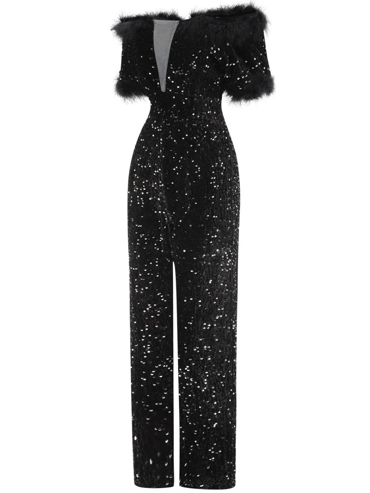 Online Retro Stage 1980s V-Neck Feather Sequined Jumpsuit Black
