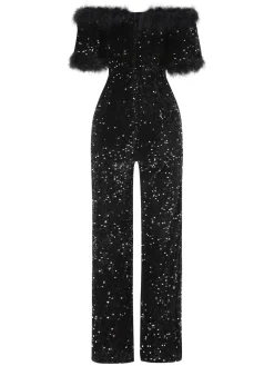 Online Retro Stage 1980s V-Neck Feather Sequined Jumpsuit Black