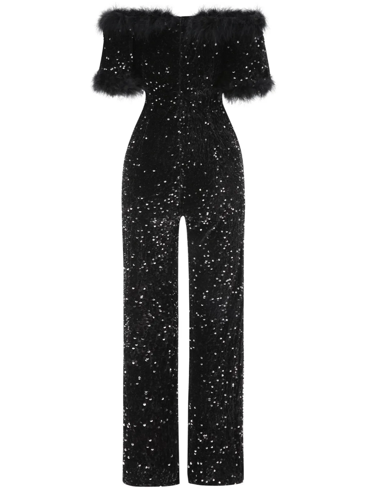 Online Retro Stage 1980s V-Neck Feather Sequined Jumpsuit Black