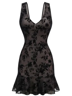 Sale Retro Stage 1960s V-Neck Floral Lace Bodycon Dress Black
