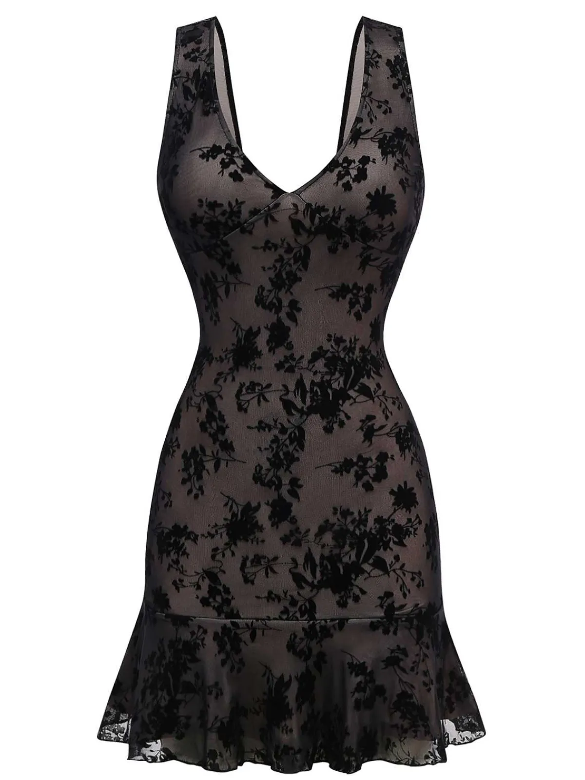 Sale Retro Stage 1960s V-Neck Floral Lace Bodycon Dress Black