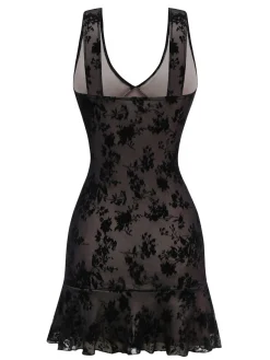 Sale Retro Stage 1960s V-Neck Floral Lace Bodycon Dress Black