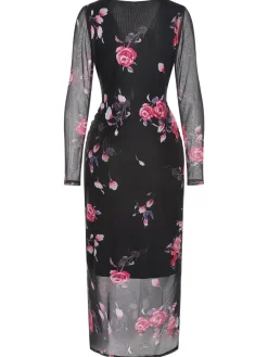 Hot Retro Stage 1960s V-Neck Floral Mesh Dress Black