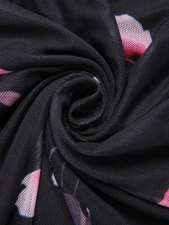 Hot Retro Stage 1960s V-Neck Floral Mesh Dress Black
