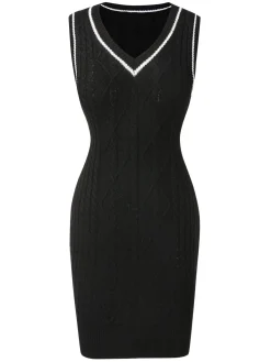 New Retro Stage 1960s V-Neck Knitted Sleeveless Dress Black