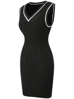 New Retro Stage 1960s V-Neck Knitted Sleeveless Dress Black